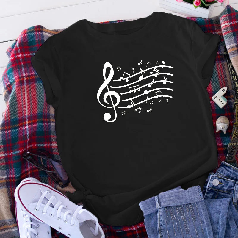 Music Notes Printing Women T-Shirt Graphic Tee Women Summer Tops Female Harajuku Tshirt Korean Shirts Short Sleeve T Shirt