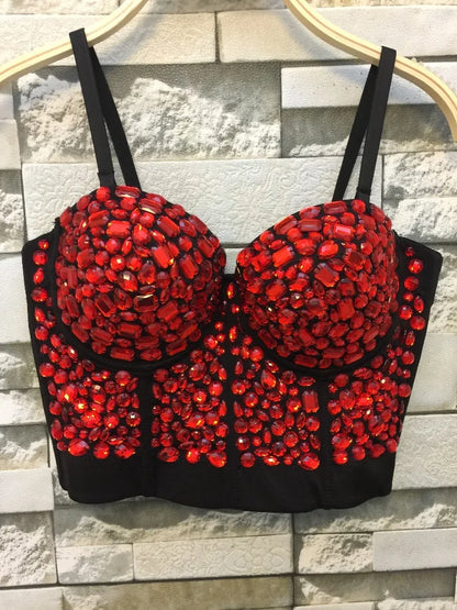 Unique red Rhinestone Gaga Bustier Pearls Diamond Push Up Night Club Bralette Women's Bra Top Vest fashion w1172