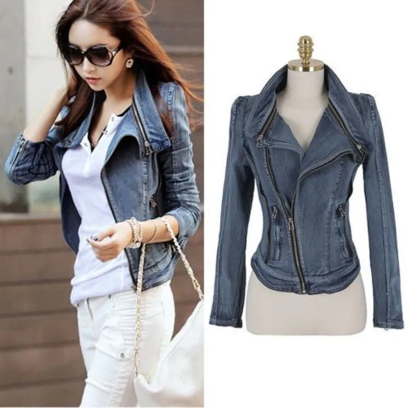 New fashion Star jeans women Punk spike studded shrug shoulder Denim cropped VINTAGE jacket coat Zipper Denim Coat