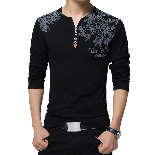 2023 Autumn Fashion Floral Print Men T-shirt Henry Collar Button Decorate Long Sleeve T-shirt for Men Tops Plus Size 5XL