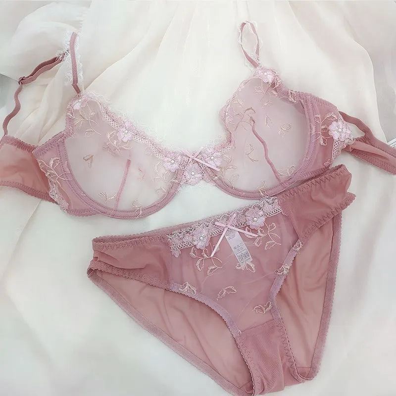 Exquisite embroidery lotus pink ultra-thin women's sexy transparent lace underwear bra set