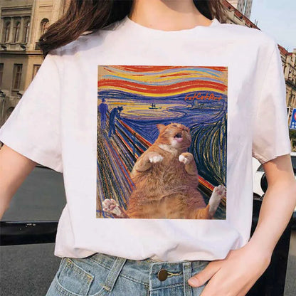 Van Gogh Cat Women T Shirt Art Oil Painting Lattice Print New Cute Female Casual T-shirt Harajuku Tshirt Funny Tops Tees Grunge