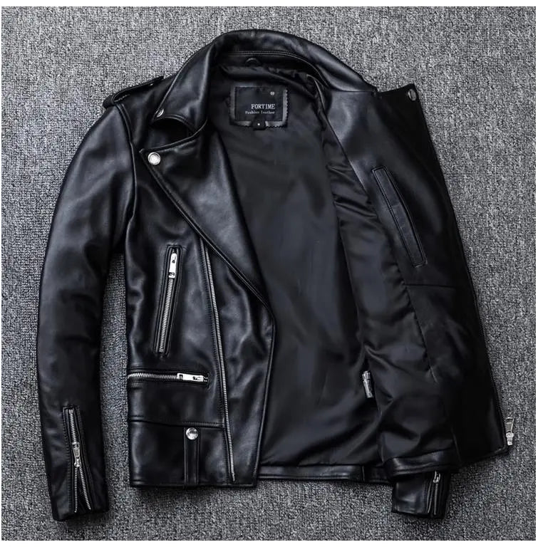 New black men's sheepskin jacket biker soft genuine leather coat fashion plus size style leather cloth