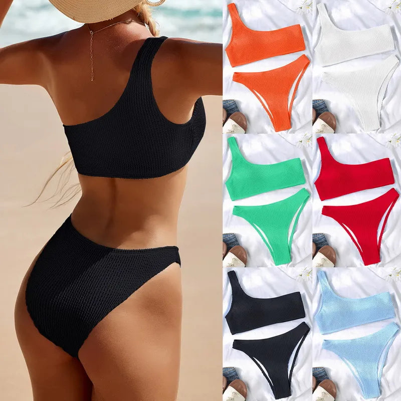 Sexy One Shoulder Bikinis Bandeau Swimwear Women 2022 New Ribbed Women's Swimsuits Bathing Suits Solid Brazilian Biquini Set