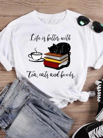 Cartoon Short Sleeve Fashion Print T Shirt Summer Women Female Cat Book Lovely Style New Casual Top Tshirts Graphic Tee T-Shirt