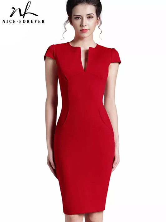 Nice-forever Office Women Vintage Summer Solid Deep V neck Zipper Back Formal Stretch Pencil work Bodycon Pocket Dress 521