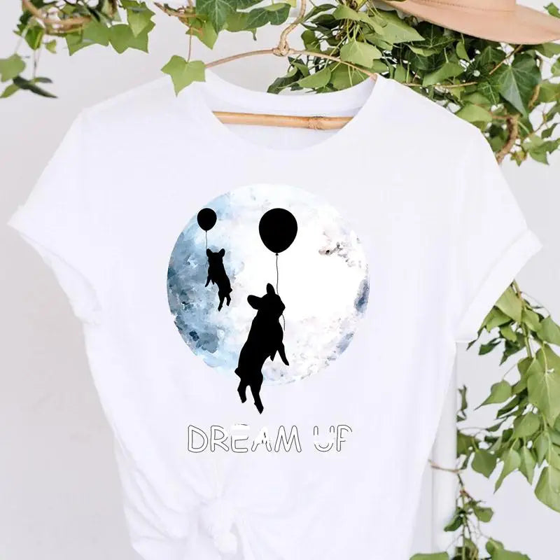 T-shirts 90s Cartoon Pug Funny Happy Time Lovely Women Print Vacation Fashion Graphic Tshirt O-neck Top Lady Casual Wear Tee