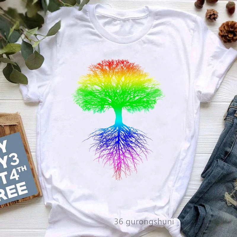 Rainbow Tree Print Tshirt Women Buddha Chakra Meditation T Shirt Femme Breathe Symbols Yoga T-Shirt Female Harajuku Shirt