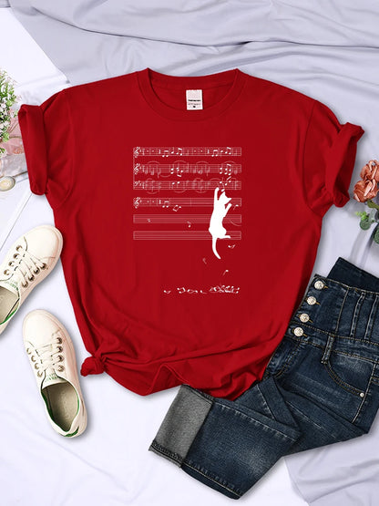 Cat Hanging On Music Stave Note Animal Printing Women Tee Clothes Crewneck T-Shirts Breathable Tshirt Soft Woman Tee Clothing