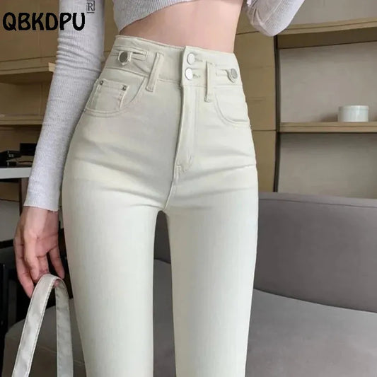 Korean Fashion Apricot Skinny Pants Women High Waist Stretch Jeans Pants Sexy Pencil Capris Streetwear Hip Lift Denim Legging