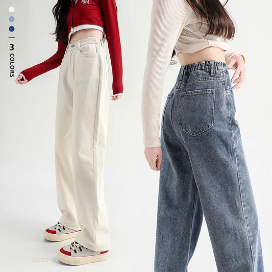 Woman Jeans Elastic High Waist Wide Leg Cotton Denim Clothing Blue White Streetwear Vintage Fashion Harajuku Straight Pants
