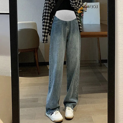 Denim Maternity Straight Long Jeans Wide Leg Loose Elastic Waist Belly Pants Clothes for Pregnant Women Pregnancy