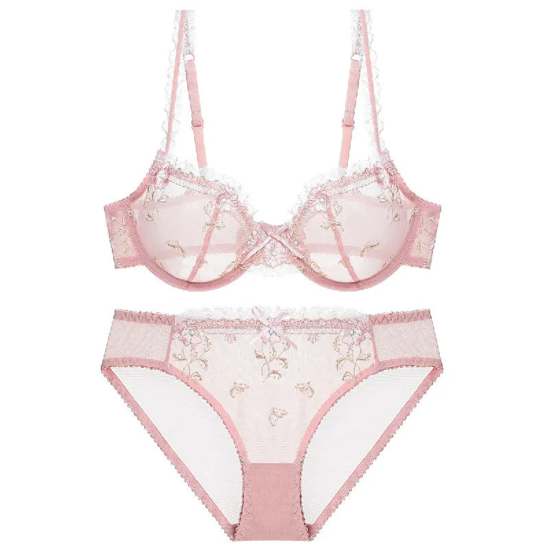 Exquisite embroidery lotus pink ultra-thin women's sexy transparent lace underwear bra set