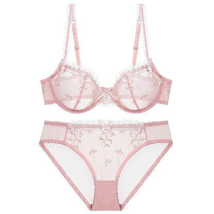 Exquisite embroidery lotus pink ultra-thin women's sexy transparent lace underwear bra set