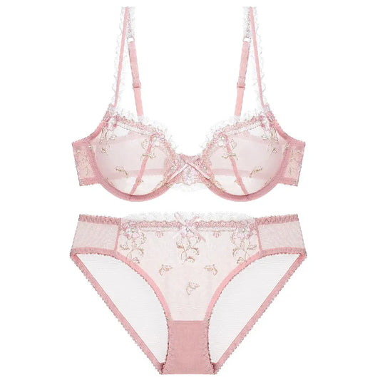 Exquisite embroidery lotus pink ultra-thin women's sexy transparent lace underwear bra set