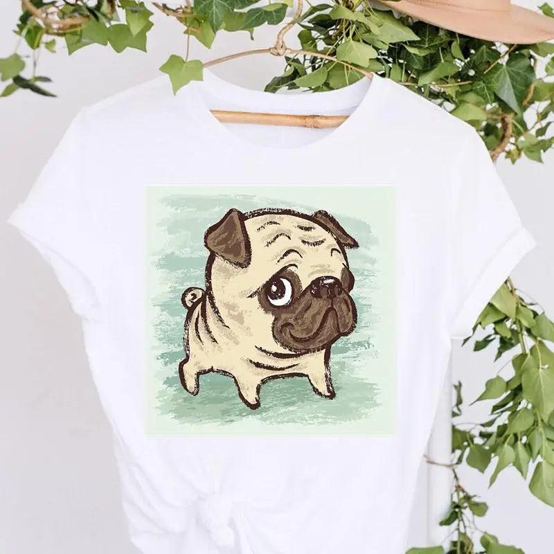 T-shirts 90s Cartoon Pug Funny Happy Time Lovely Women Print Vacation Fashion Graphic Tshirt O-neck Top Lady Casual Wear Tee