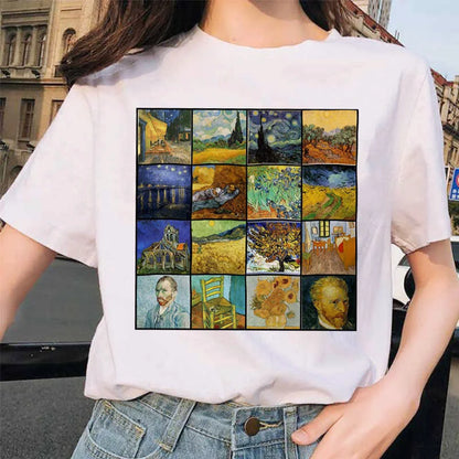 Van Gogh Cat Women T Shirt Art Oil Painting Lattice Print New Cute Female Casual T-shirt Harajuku Tshirt Funny Tops Tees Grunge