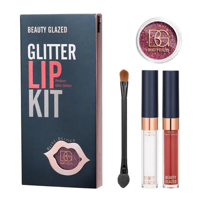 Glitter Lips Kit Smudg-Pproof Water-Proof Long-Lasting Sparkle Liquid Lipstick Set With Double End Lip Brush Lip Glitter Primer