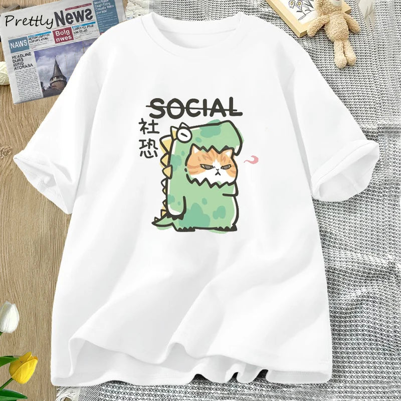 Dinosaur Cat T-shirts Funny Cotton Short Sleeve Tee Women Men Casual Summer O Neck Tshirt Harajuku Graphic T Shirts Streetwear