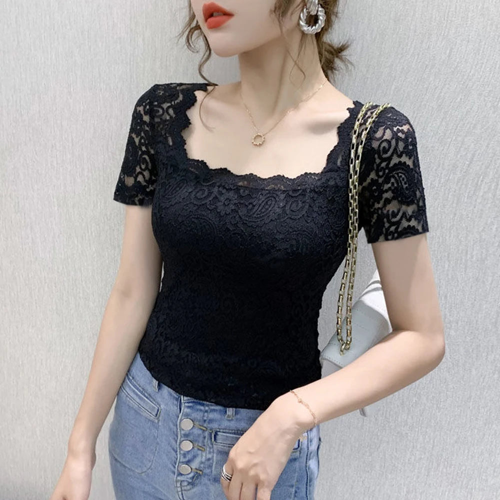 Blouse Women Persian Pattern Lace T Shirt Stretch Knitted Turtleneck Short Sleeve S-2XL Size Tops Fashion Female Blouses Shirt