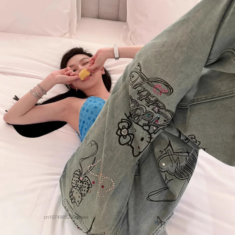 Sanrio Hot Diamond Hello Kitty Graffiti Women Jeans American High Street Y2k Girl Denim Trousers New Loose Casual Wide Leg Pants