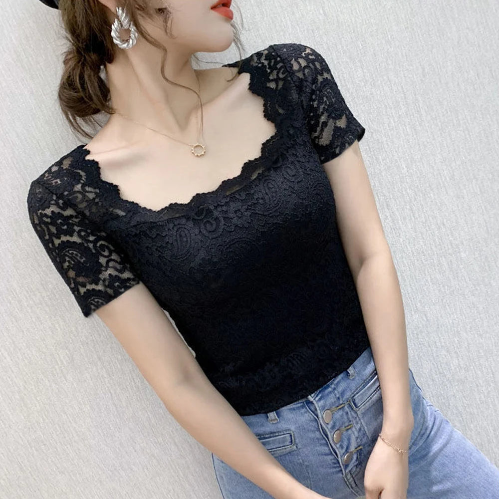 Blouse Women Persian Pattern Lace T Shirt Stretch Knitted Turtleneck Short Sleeve S-2XL Size Tops Fashion Female Blouses Shirt