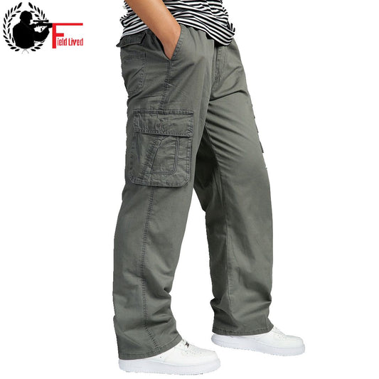 Summer Men's High Waist Pant Elastic Plus Size Clothing  6XL Cargo Pant Men Many Pockets Loose Work Pants Male Straight Trousers