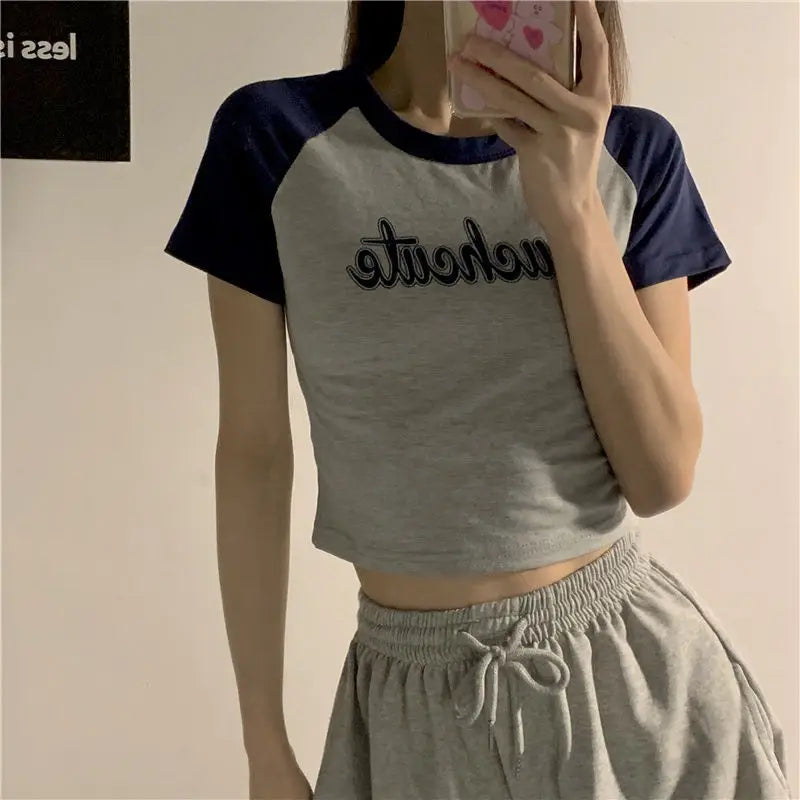 Women's T-Shirt Crop Top Harajuku Print Summer Korean Fashion Short Sleeve Sexy Vintage Streetwear Aesthetic Tees Y2k Clothes