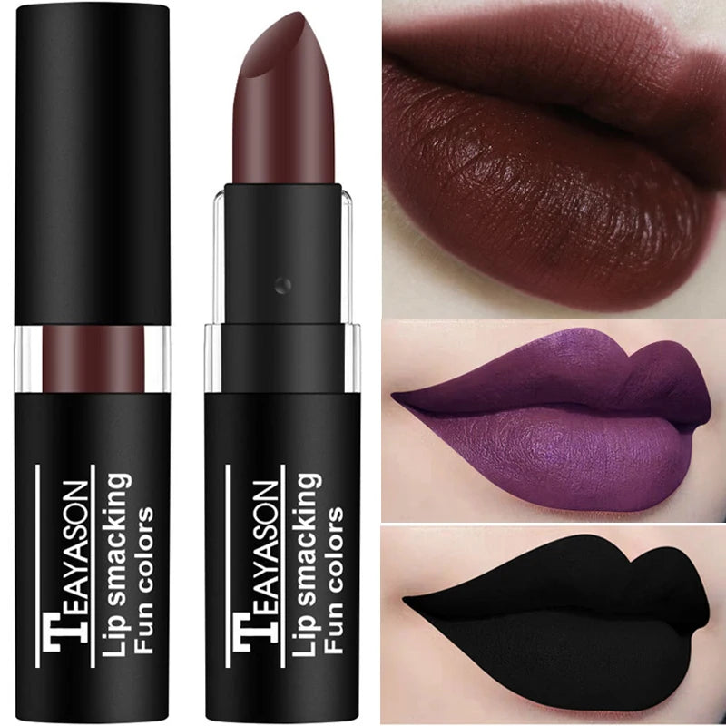 12 Colors Matte Nude Lipsticks Waterproof Pink Black Purple Velvet Lipstick Long Lasting Makeup Lip Stick Halloween Cosmetic