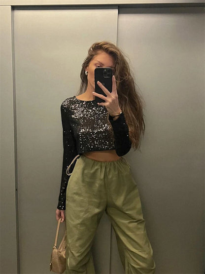 Glitter Sequin Crop top Autumn Winter Slim Long Sleeve Women Basic Solid Casual Top For WomenY2k Shiny Sequined Tshirts