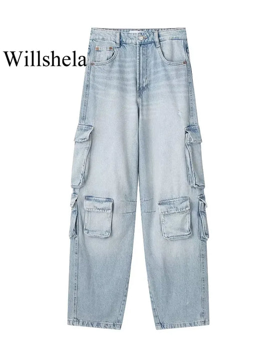 Willshela Women Fashion With Pockets Denim Light Blue Front Zipper Cargo Pants Jeans Vintage High Waist Female Chic Lady Trouser