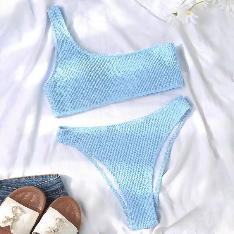 Sexy One Shoulder Bikinis Bandeau Swimwear Women 2022 New Ribbed Women's Swimsuits Bathing Suits Solid Brazilian Biquini Set