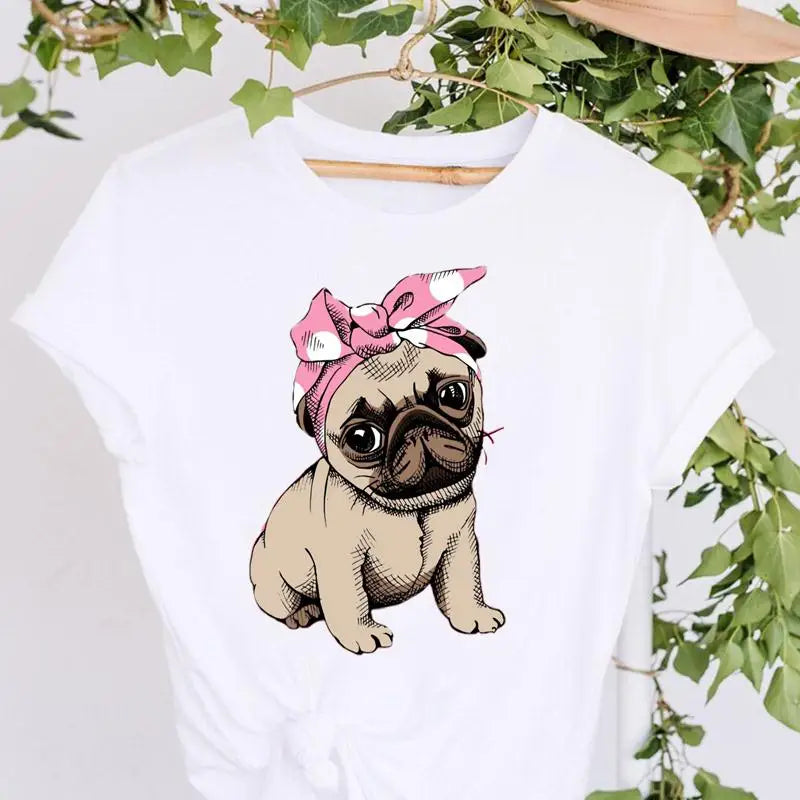 T-shirts 90s Cartoon Pug Funny Happy Time Lovely Women Print Vacation Fashion Graphic Tshirt O-neck Top Lady Casual Wear Tee