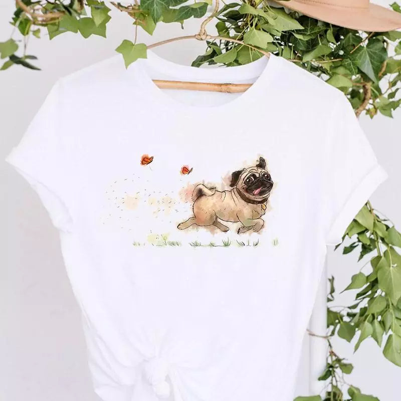 T-shirts 90s Cartoon Pug Funny Happy Time Lovely Women Print Vacation Fashion Graphic Tshirt O-neck Top Lady Casual Wear Tee