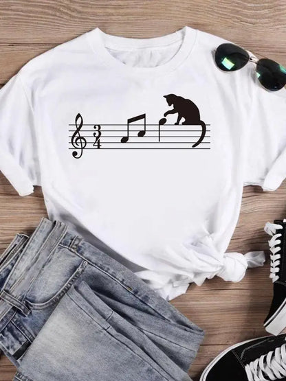 Cartoon Short Sleeve Fashion Print T Shirt Summer Women Female Cat Book Lovely Style New Casual Top Tshirts Graphic Tee T-Shirt