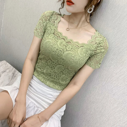 Blouse Women Persian Pattern Lace T Shirt Stretch Knitted Turtleneck Short Sleeve S-2XL Size Tops Fashion Female Blouses Shirt