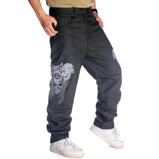 New Straight Baggy Jeans Loose Hip Hop Jeans Men Printed Hip-hop Embroidered Skull Casual Skateboard Denim Trousers