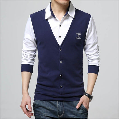 New Autumn Fashion Patch Design Men's Shirt T-shirt Fake Two Long Sleeve Turn-down Collar Cotton T Shirt for Men 5XL