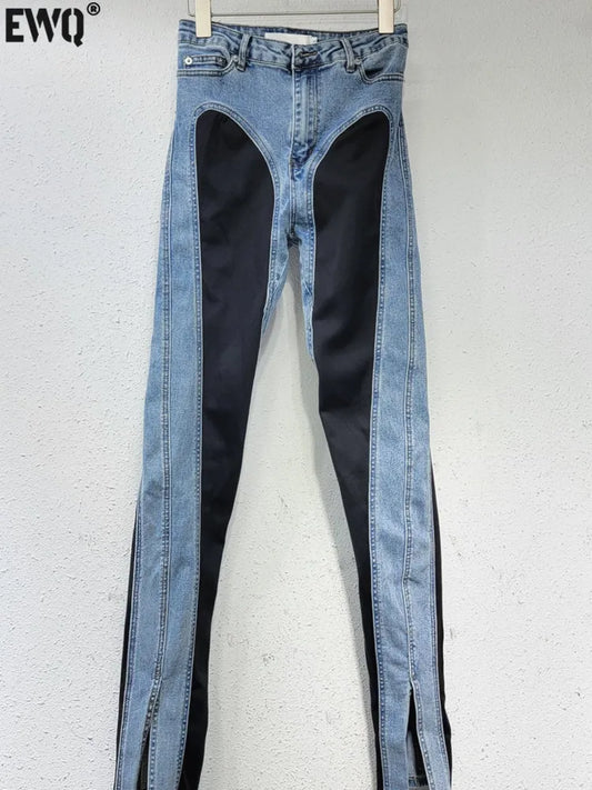 Women Streetwear Splice Jeans  Female Fashion Patchwork Contrast High Waist Split Denim Pencil Pants