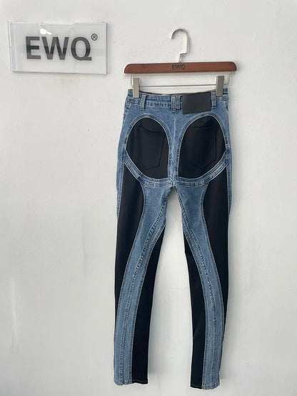 Women Streetwear Splice Jeans  Female Fashion Patchwork Contrast High Waist Split Denim Pencil Pants