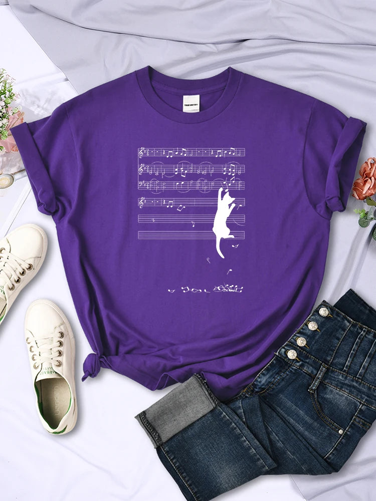 Cat Hanging On Music Stave Note Animal Printing Women Tee Clothes Crewneck T-Shirts Breathable Tshirt Soft Woman Tee Clothing