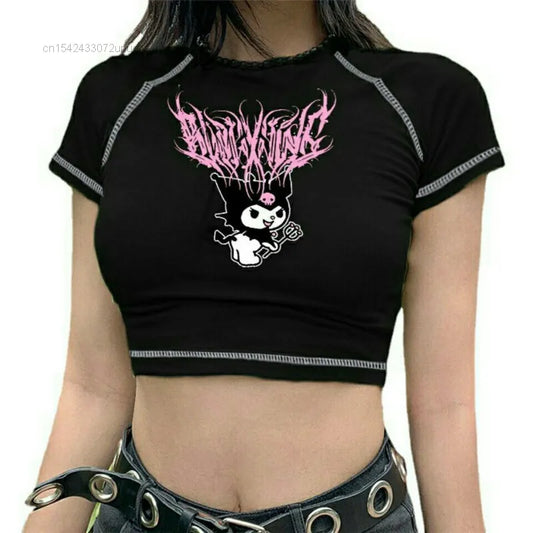 Sanrio Kuromi Punk Style Vintage Fashion Print Short Expose Navel T-shirt Summer Crop Top Women Korean Clothes Short Sleeve Tees