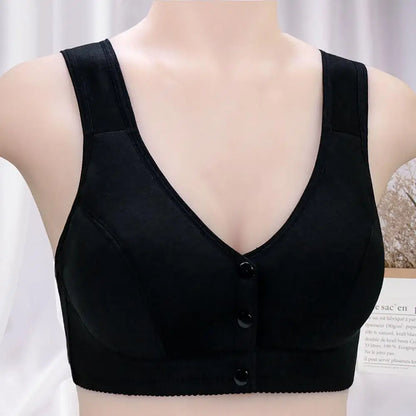 Comfortable Soft Bras Cotton Front-Close Bralette Wide Strap Buttons V Neck Padded Push Up Plus Size Middle Age Women Underwear