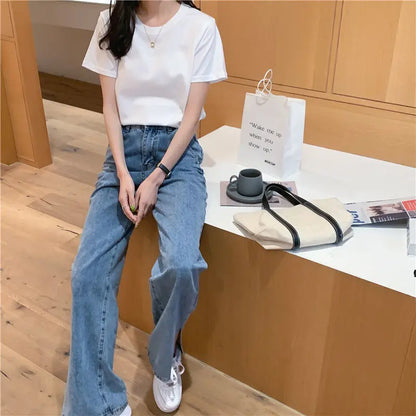 Solid Women Short Sleeve T Shirt Cotton O Neck Loose Black White Basic Thin Tops Fashion Harajuku Casual Outer Wear T-Shirts