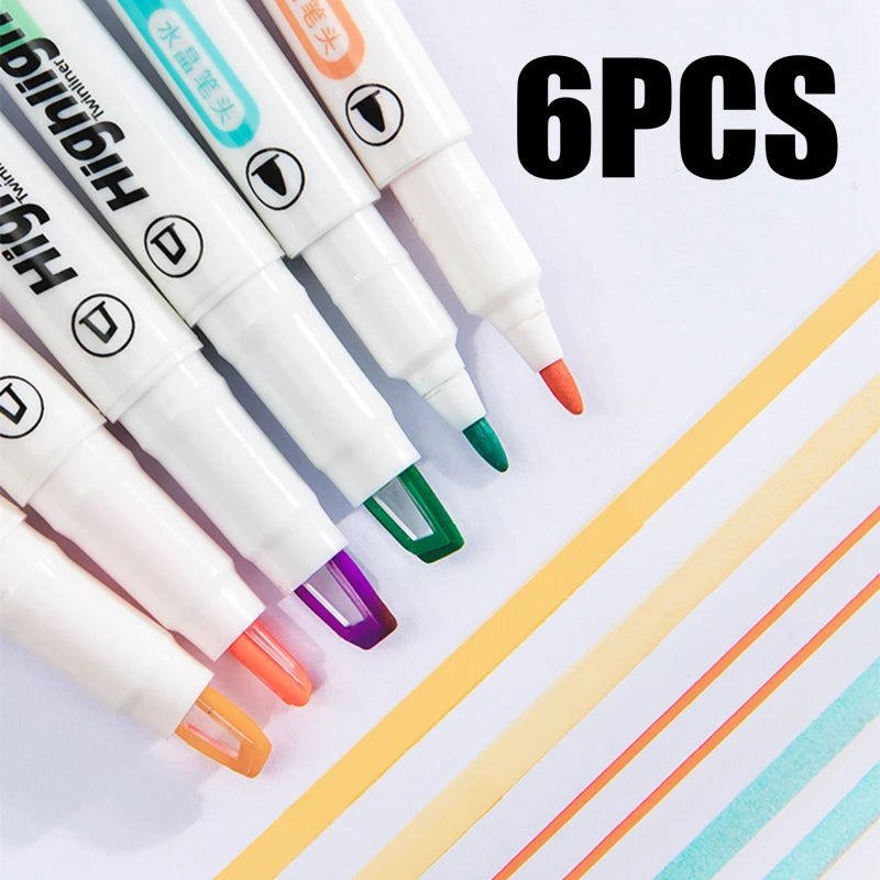 6Pcs Double-headed Visible Tip Highlighters Pen Dual Tips Marking Highlighter Student Writting Stationery For Office School Use