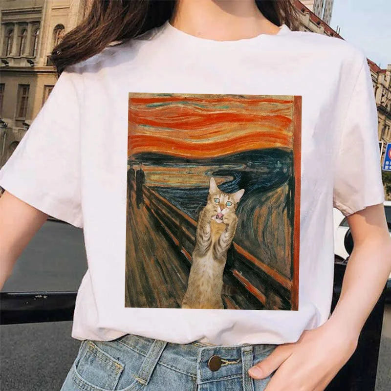 Van Gogh Cat Women T Shirt Art Oil Painting Lattice Print New Cute Female Casual T-shirt Harajuku Tshirt Funny Tops Tees Grunge