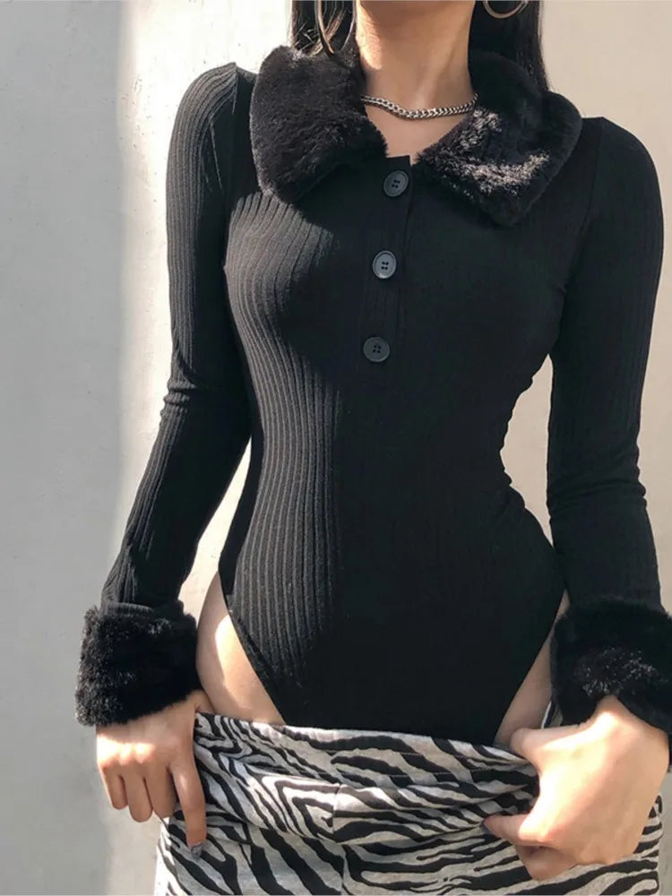 Vintage Fur Knited Bodysuit Tshirt For Women Winter Black Gothic Female Club Party Vestido Sweater With Furs V Neck Vestidos