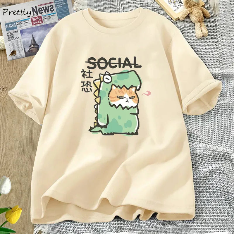 Dinosaur Cat T-shirts Funny Cotton Short Sleeve Tee Women Men Casual Summer O Neck Tshirt Harajuku Graphic T Shirts Streetwear