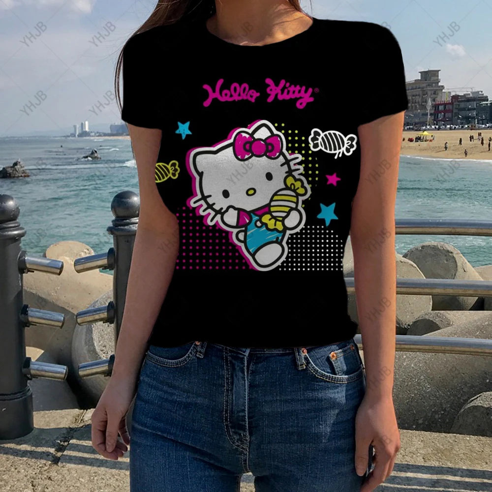 Y2k Crop T Shirts Hello Kitty Print Fashion Women Crop Top Harajuku Streetwear Slim Tshirt Summer Graphic Streetwear T-Shirt
