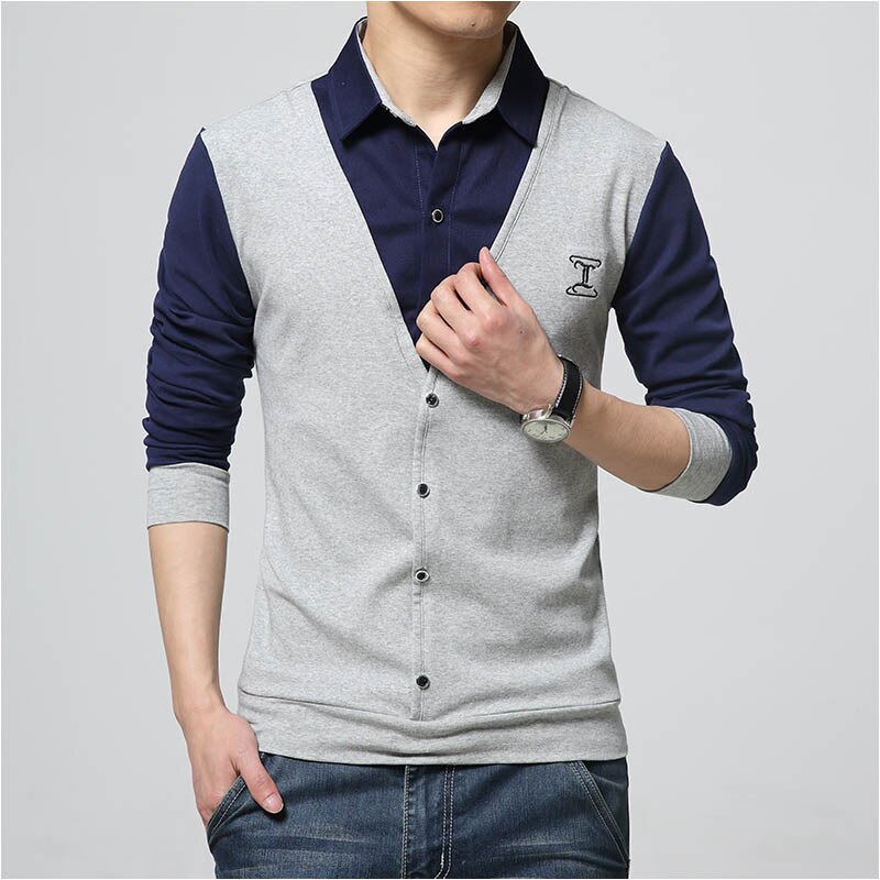 New Autumn Fashion Patch Design Men's Shirt T-shirt Fake Two Long Sleeve Turn-down Collar Cotton T Shirt for Men 5XL